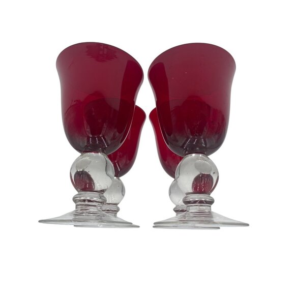 Set Of 4 Vintage Ruby Red Glass Goblets  Clear Ball Stems READ - Picture 1 of 9
